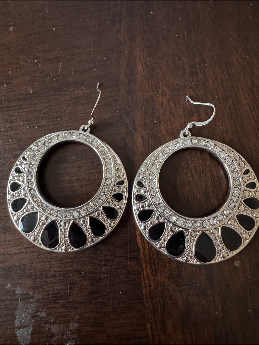 Silver-Tone Hoop Earrings with Black Inlay and Crystal Accents